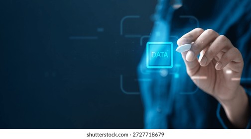 Digital data stream concept with AI technology and glowing information interface, representing big data processing, artificial intelligence, database systems, data transfer, and digital transformation