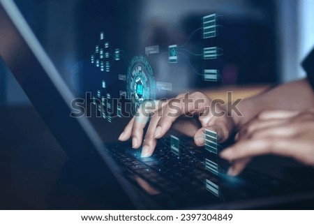 Digital data and technology AI (Artificial intelligence), Big data technology. Scientist computing, analyzing and visualizing complex data set on computer.