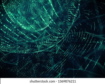 Digital data technology with particles grid flow network connection background.
