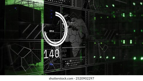Digital data visualization over world map and graphs, futuristic interface image. Technology, analytics, global, innovation, screen, infographic