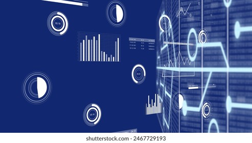 Digital data visualizations and graphs floating in blue virtual space. Blue background with a grid pattern, various charts, and interface elements, creating a tech-focused atmosphere