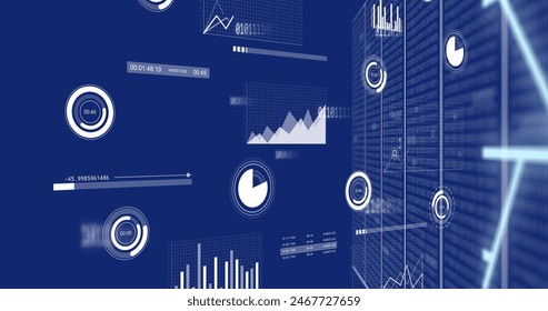 Digital data visualizations with various charts and graphs displayed on blue background. The scene depicts high-tech environment with futuristic interface elements