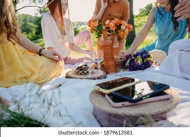 Digital Detox, Time For Disconnecting From Electronic Devices. Mobile Phones On Basket On Picnic Background. Group Of Young Woman Hanging Out Together On A Picnic In Nature At No Phone Zone