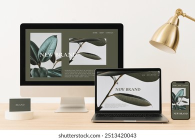 Digital device set, minimal workspace, showing plant shop website