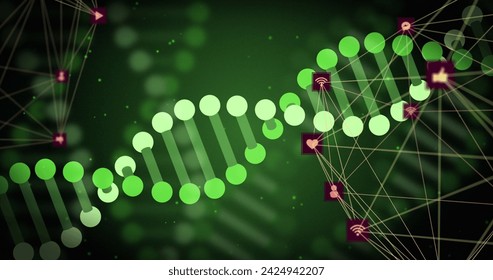 Digital DNA strands float in a virtual space, symbolizing biotechnology. The image represents the intersection of information technology and genetic research.