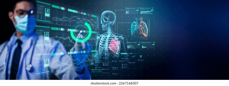 Digital doctor healthcare science medical remote technology concept AI metaverse doctor optimize patient care medicine pharmaceuticals biologics treatment VR examination diagnosis doctor working  - Shutterstock ID 2267168307
