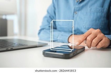 Digital document approval on smartphone, person managing electronic signatures paperless workflow online verification contract processing and secure business documentation.