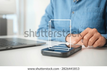 Digital document approval on smartphone, person managing electronic signatures paperless workflow online verification contract processing and secure business documentation.