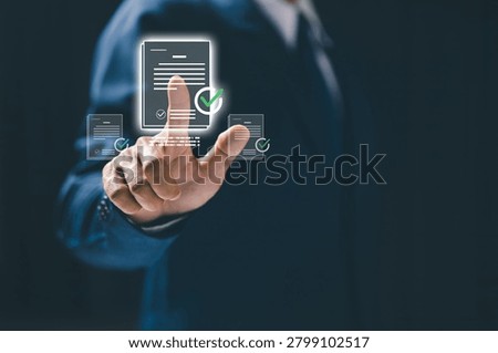Digital document approval process with electronic verification and compliance management. Business workflow concept supporting secure validation, authorization, record keeping, and productivity.