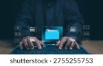 Digital document management concept. Virtual folders and files connected through network interface above laptop. Data organization, file storage, information management and digital data workflow.