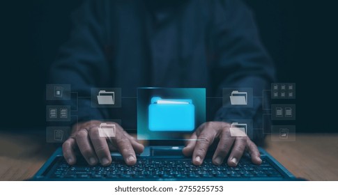 Digital document management concept. Virtual folders and files connected through network interface above laptop. Data organization, file storage, information management and digital data workflow. - Powered by Shutterstock - Get 15% off with code: PIKWIZARD15