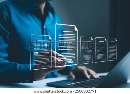 Digital Document Management and Paperless Workflow, Businessman sign virtual documents interface, paperless concept, digital document management. efficient workflows, transition to digital solutions,