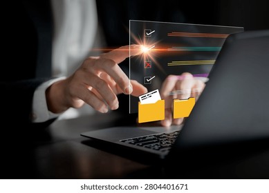 Digital document management and workflow approval concept. Business professional organizing files, verifying records and managing tasks through an electronic system. document, workflow, approval.	
