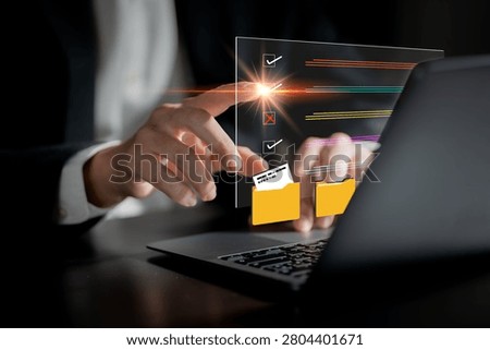 Digital document management and workflow approval concept. Business professional organizing files, verifying records and managing tasks through an electronic system. document, workflow, approval.	
