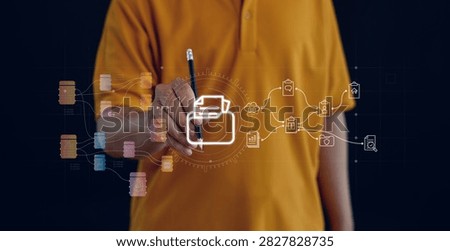 Digital document management and workflow automation concept featuring file organization, data integration, cloud collaboration, business process management, records control and productivity.
