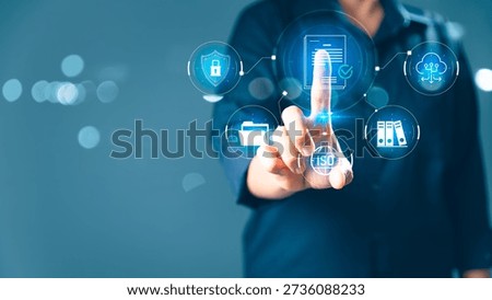 Digital document management workflow business professional approves files on virtual dashboard with folder and archive icons, cloud sync, access control and ISO compliance on blue background.