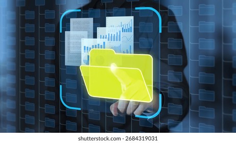 Digital document and report database. Document management system and repository. Business person tapping a folder icon to store files.