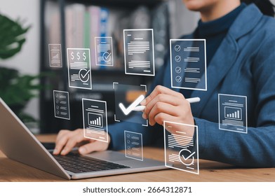Digital Document Review and Approval Process Concept. Businesswoman approves and reviews with checkmark icons, workflow automation, quality control, certification, compliance verification, assurance,