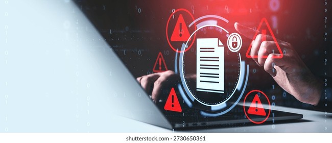 Digital document security alert with hand pointing at lock and warning icons, in a creative graphic style on a futuristic tech background, concept of data breach