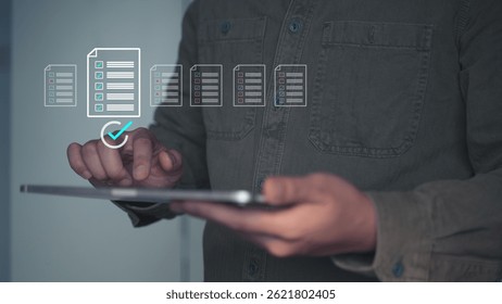 Digital Document Transfer and File Synchronization via Tablet with Floating Icons.