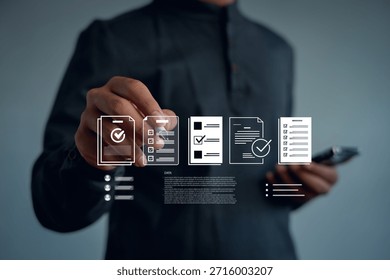 Digital document verification and approval concept with businessman selecting checklist interface, online data validation system, workflow management, secure information processing.