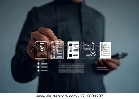 Digital document verification and approval concept with businessman selecting checklist interface, online data validation system, workflow management, secure information processing.