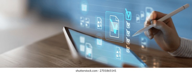 Digital Document Verification and Approval Process on a Virtual Tablet Interface.