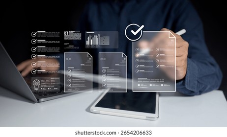 Digital document workflow streamlines online survey, form completion, task approval, and content application, enhancing user productivity on laptop using checklist