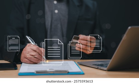 Digital Documentation The Future of Professional Work, Professional engages with digital documents while writing on paper, blend of traditional and modern workflows in todays business environment - Powered by Shutterstock - Get 15% off with code: PIKWIZARD15