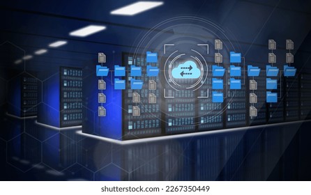 Digital documents on virtual screen. Online documentation database. Data processing center concept.