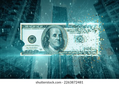 Digital dollar bill on blurry tech city background with binary code. Business and finance concept. 3D Rendering