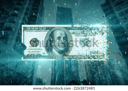 Digital dollar bill on blurry tech city background with binary code. Business and finance concept. 3D Rendering