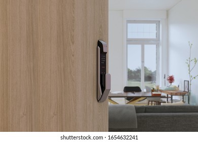 Digital Door handle or Electronics knob  for access to room security, Door wooden half opening through interior living room background, selective focus - Shutterstock ID 1654632241