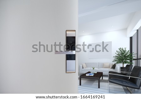 Digital Door handle or Electronics knob  for access to room security, Door wooden half opening through interior living room background, selective focus