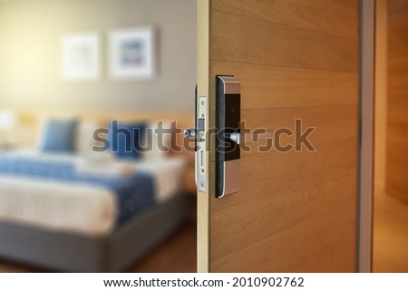Digital door lock for house, hotel or apartment door. Electronic door handle for smart life style. Digital Door handle or Electronics knob  for access to room security system.