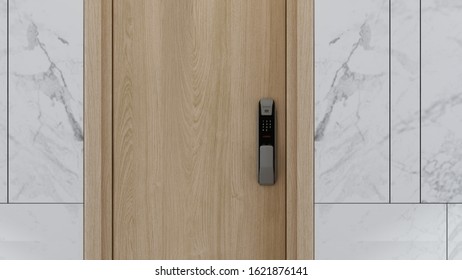 Digital door lock security systems for good safety of apartment door. Electronic door handle with key pads numbers. Selective focus