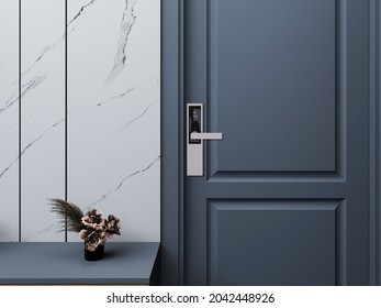 Digital door lock systems for good safety of home apartment door. Digital door handle with blue door panel. - Shutterstock ID 2042448926
