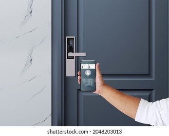 Digital Door Lock Systems To Safety Of Home Apartment Door.Hotel Door Security Unlocking By Application On Mobile Phone. 