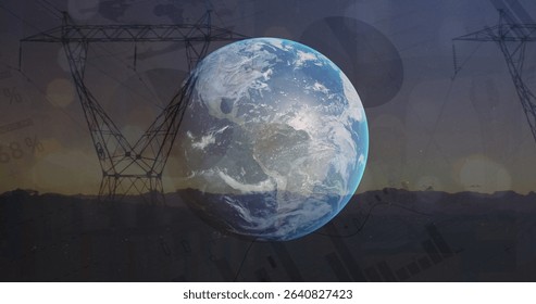 Digital Earth globe hovering over twilight mountain ridge, with towers, lines and data charts. Globes, infrastructure, technology, data visualization, sustainability, energy, power grid