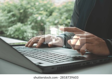 Digital education and e-learning concept featuring online learning, knowledge management, virtual training, smart education, and document access through interactive technology on a laptop workspace.