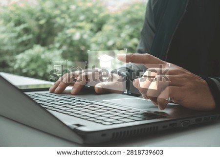 Digital education and e-learning concept featuring online learning, knowledge management, virtual training, smart education, and document access through interactive technology on a laptop workspace.