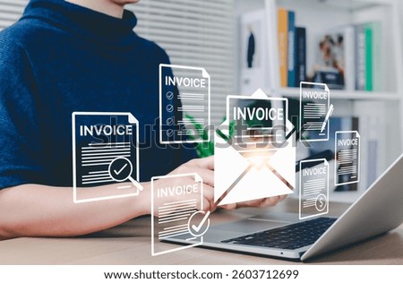 Digital e-invoice and billing management concept. Businesswoman working on laptop with invoice documents, representing electronic invoicing and digital billing systems. receipt, invoice for payment,