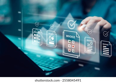 Digital E-Invoice and Statement Software for Online Transactions.Payment and Billing Invoices Business Financial Operations concept. Man using tablet computer with invoice location icon.