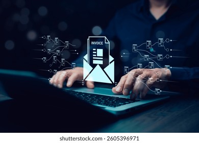 Digital E-Invoice and Statement Software for Online Transactions.Payment and Billing Invoices Business Financial Operations concept. Man using tablet computer with invoice location icon.