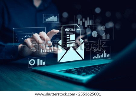 Digital E-Invoice and Statement Software for Online Transactions.Payment and Billing Invoices Business Financial Operations concept. Man using tablet computer with invoice location icon.