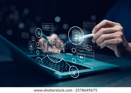 Digital E-Invoice and Statement Software for Online Transactions.Payment and Billing Invoices Business Financial Operations concept. Man using tablet computer with invoice location icon.