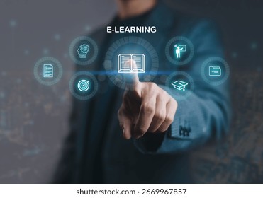 Digital e-learning interface with businessman pointing at online education icons, representing virtual training, knowledge sharing, academic innovation, and modern remote learning technology. - Powered by Shutterstock - Get 15% off with code: PIKWIZARD15