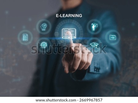 Digital e-learning interface with businessman pointing at online education icons, representing virtual training, knowledge sharing, academic innovation, and modern remote learning technology.