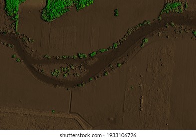 Digital elevation model of a forest area with a river. GIS product made by aerial mapping from a drone. Lidar scan and multispectral camera gives NDVI and NIR effect.