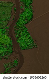 Digital elevation model of a forest area with a river. GIS product made by aerial mapping from a drone. Lidar scan and multispectral camera gives NDVI and NIR effect.